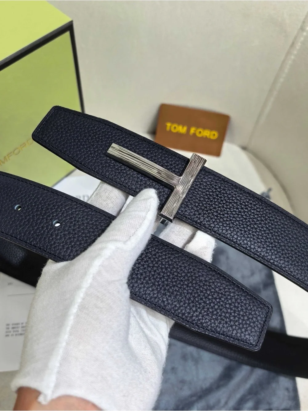 Tom Ford Navy Textured Leather Belt with Silver T Buckle
